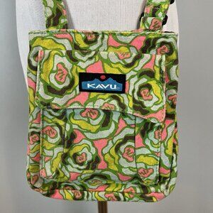 Kavu Rose Floral Green Pink Print Canvas Cotton Shoulder Bag Purse Crossbody